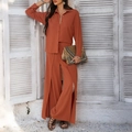 Women's 2-piece linen set with long sleeve button shirt and side slit wide leg pants - S / Orange