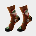 Funny Christmas crew socks in dark brown with Santa, skulls and festive tree patterns - Evil 04-Brown Santa Skeleton