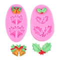 Pink silicone mold for Christmas bell with bow and holly leaf fondant cake decorations - Bell and Holly Leaves 2-Piece Set / Pink