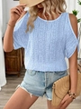 Detailopname van hemelblauwe cold-shoulder kanttop met bloemig gebreid textuurpatroon - S / Lichtblauw