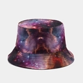 Detailed view of the starry galaxy print and stitched brim on this polyester bucket hat - One Size / Purple Crimson Navy Galaxy (3# Color)