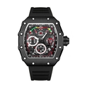 Men's all black tonneau-shaped quartz sport watch with hollow dial and silicone strap - Gift Box / Black