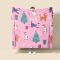 Detail of pink flannel blanket showing cute cats, Christmas trees, and holiday prints - Style 21 (Christmas Pink Cat)