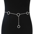 Elegant silver rhinestone body chain featuring circular motifs and heart pendant on black base - Silver Hoop