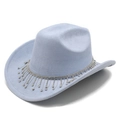 Gros plan d'un chapeau de cowboy en daim bleu clair avec détails de franges en strass - Rose bonbon / M (56-58cm)