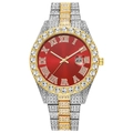 Close-up of luxury hip-hop watch featuring red dial, Roman numerals, and diamond-set bezel - Two-tone Gold Red Dial
