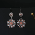 Bohemian double-layer round floral earrings in pink and white enamel with silver finish - Antique Silver + Pink White Flower (E7980)