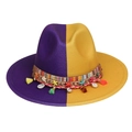 Two-tone wool fedora hat in purple and yellow with shell and tassel woven band - Purple Yellow With Shells Tassels