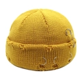 Close-up of yellow knit docker hat with metal rings, safety pin, and distressed edge - M(54-60cm) / Yellow