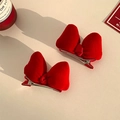 Pair of elegant red velvet bow hair clips with silver metal duckbill base - 3D Velvet Bow Hair Clips Pair