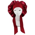 Burgundy satin hair bonnet with wide elastic headband and long straps on a white mannequin - Burgundy