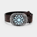 Detail of vintage brown leather belt with turquoise-encrusted Celtic knot silver buckle - Vintage Turquoise Style