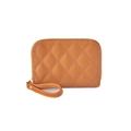 Brown quilted leather accordion card holder with zipper closure and wristlet strap - Brown