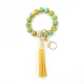 Colorful marble silicone bead bracelet keychain with wooden bead and yellow leather tassel - Cyan Yellow Orange Marble Style (4)
