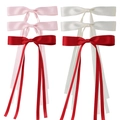 Set of 6 satin bow hair clips with long ribbons in pink, white and red colors - Style E Set of 6