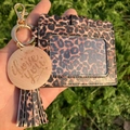 Detail of leopard print card holder with gold hardware and i love you engraved tag - Red Leopard