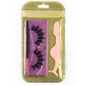 Detailed set featuring thick 3D false eyelashes with pink tweezers and brush in gold pouch - Gold Bag #101