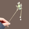 Golden metal hair pin with light green flowers, white pearls and hanging tassels - Rhinestone Teal Peach Blossom