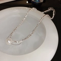 Silver double-layer necklace with square links, snake chain, and a white round pearl pendant - Crushed Silver Pearl Double Layer Fine Necklace