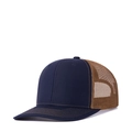 Classic dark blue and brown trucker hat with curved brim and breathable mesh back - Adjustable / Navy + Brown Mesh