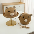 Ensemble chapeau de paille et sac ours pour enfants avec oreilles pour le soleil - Chapeau Kaki + Sac