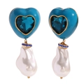 Blauwe hart oorbellen met barokparels en saffierkristallen met 18K goudvergulding - Barok Imitatie Parel Blauwe Zirconia Emaille Oorknopjes - Pauwblauw