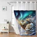 Détail d'un rideau de douche avec cœurs dorés, roses blanches et montagnes enneigées - Aurore Montagne Enneigée Cœur Doré