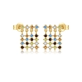 S925 sterling silver gold stud earrings with colorful zircon tassels and grid pattern - Drop Earrings [ME442]
