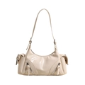 Minimalist beige patent leather crossbody bag with decorative zippers and side pockets - Off White