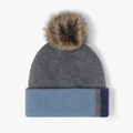 Grey knit beanie with light blue fold-over cuff and fluffy pom-pom for winter warmth - Adjustable / Dark Gray