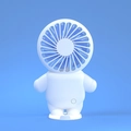 Portable white astronaut mini fan with blue blades and a circular desktop stand - Cute Doll White