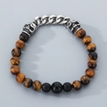 Men's beaded bracelet featuring brown tiger eye stones and silver skull charms - Steel Color + Tiger Eye (KB66361-BD)