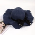 Navy blue wide-brim straw sun hat with elegant black ribbon and pearl accents - Adult 56-58cm / Navy Blue