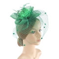 Elegant green mesh fascinator with feathers and pom poms for horse racing parties - Green