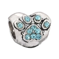 Ciondolo a cuore argento con zampa di strass azzurri per bracciali fai-da-te - Cuore Impronta Strass Blu (013)