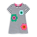 Girls' short sleeve striped dress with colorful cartoon flower embroidery patches - Black & White Stripes / 80-90cm (2T)