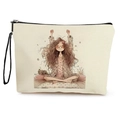 Canvas makeup bag featuring a hand-drawn girl illustration with black wrist strap - Girl Stretching with Black Cat (Style 4)
