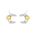 Silver crescent moon stud earrings with yellow heart gemstone and white diamonds - E2546 Platinum (Style 1)