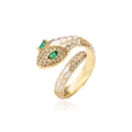 Detail of gold snake ring with white enamel scales and green marquise gemstone eyes - Adjustable Open / White Enamel Snake Ring (11712) / White