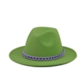 Detail of green wool fedora hat featuring a bold purple decorative chain accessory - Light Green(18)