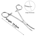 Dettaglio di pinza per piercing 14,5cm in acciaio inox con becchi seghettati e blocco - Pinze a punta curva
