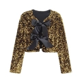 Detalle de chaqueta corta de lentejuelas doradas con elegantes lazos de satén negros - XS / Oro de Alta Calidad