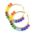 Golden stainless steel hoop earrings with colorful chakra natural stone beads wrap - Gold + Rainbow Beads