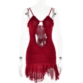Détail de la robe rouge à col en V avec découpes en mesh, volants et tissu plissé - S / Rouge