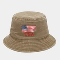 Close-up of USA embroidery and flag on washed khaki vintage bucket hat with eyelets - M (56-58cm) / Khaki
