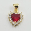 Golden heart necklace pendant featuring a large red gemstone with white zircon halo inlay - Heart Rhinestone Red DL0079 Gold Pendant