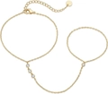 Elegant gold finger ring bracelet featuring minimalist chains and four clear zircons - Gold 4-Zirconia Hand Chain (xp12-8)