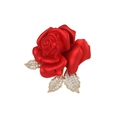 Elegant red rose brooch with matte finish petals and gold rhinestone encrusted leaves - Red Rose with Rhinestone Leaves Style