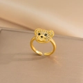Verstellbarer goldener Bärenring mit funkelnden Zirkoniasteinen und schwarzen Edelsteinaugen - Bären-Ring (Offen) / Gold