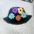 Black handmade crochet bucket hat with colorful floral knit patterns for women - M (56-58cm) / Multi-Flower Basin Hat